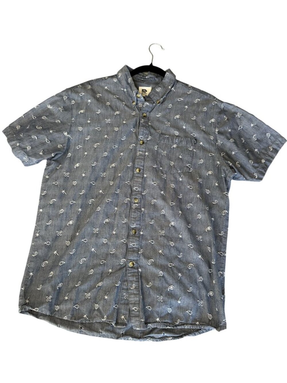 Rusty Mens M Blue Embroidered Print Short Sleeve Button Up Shirt Cotton Surf